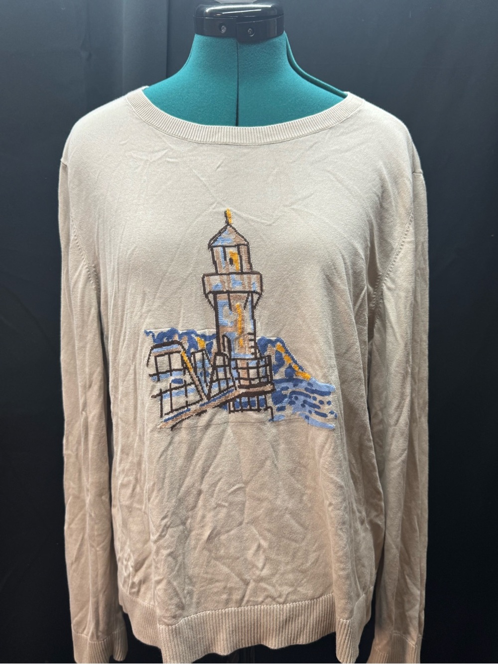 Talbots Beige Crewneck Sweater with Lighthouse Embroidery